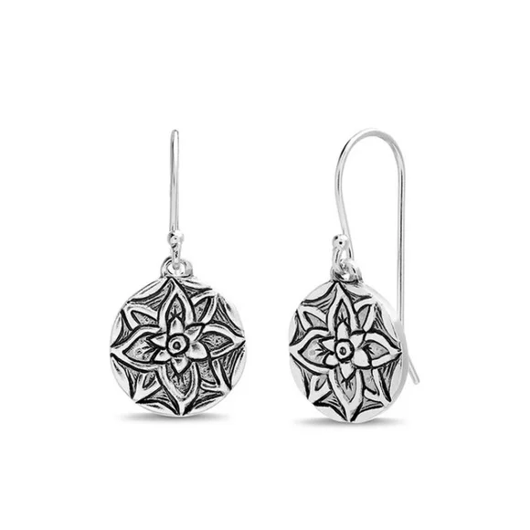 Sterling Silver Textured Flower Drop Earrings New Gift Holiday See Pictures 925 - Picture 2 of 4